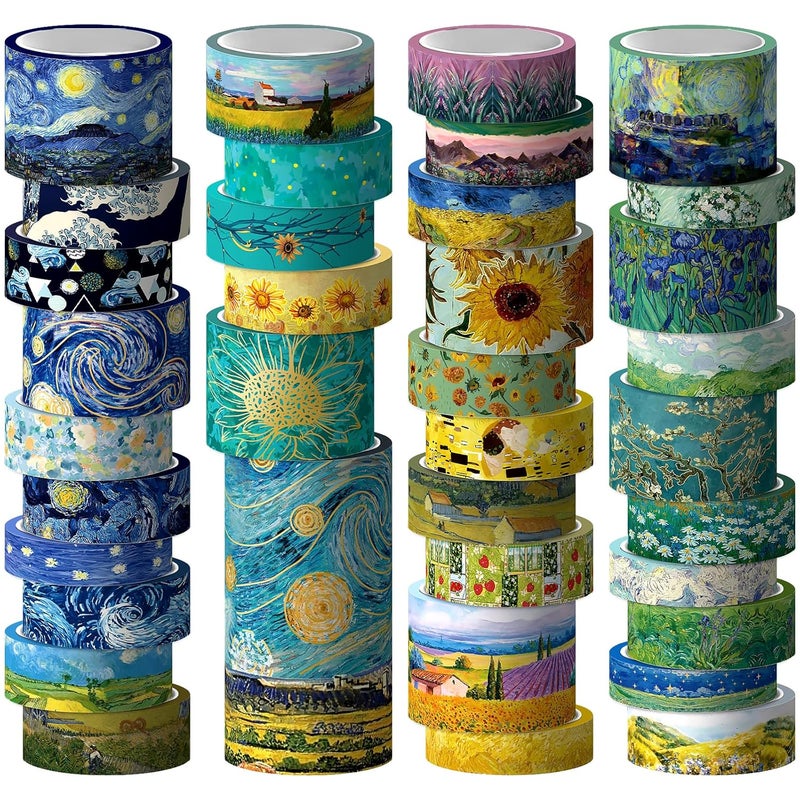 Geesinimo Washi Tape Set, 36 Rolls Van Gogh Vintage Gold Washy Tape, Wide Decorative Tape for Journaling, Scrapbooking Supplies,Vision Board Supplies, 6 Sizes Craft Watercolor Tape - Image 1